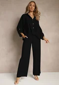 Komplety damskie - Czarny Komplet z Wiskozy w Stylu Oversize Szerokie Spodnie i Luźna Koszula na Guziki Natinne - miniaturka - grafika 1