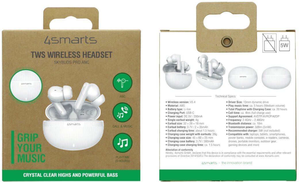 4smarts TWS Bluetooth SkyBuds Pro ANC, biały