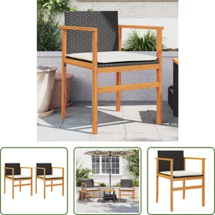 The Living Store Krzesła ogrodowe z poduszkami 2 szt. czarny polirattan lite drewno - Fotele i krzesła ogrodowe - miniaturka - grafika 1