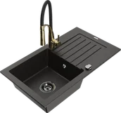 Zlewozmywaki z baterią - Mexen Pablo zlewozmywak granitowy 1-komorowy z ociekaczem i baterią kuchenną Aster, czarny/złoty metalik - 6510-75-73450-57-B - miniaturka - grafika 1