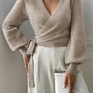 Swetry damskie - TEMU Kardigan Damski z Dekoltem w Serek - Casualowy, Elegancki Styl z Wiązaniem w Talii, Beżowy , Lekka Warstwa na Wiosnę/Jesień, Miękka Tekstura, - miniaturka - grafika 1