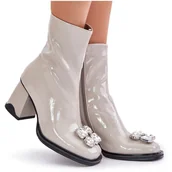 Botki damskie - S.Barski Lakierowane Botki Damskie Na Słupku Z Ozdobą D&A MR880-019 Jasnoszare - miniaturka - grafika 1