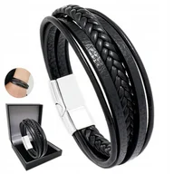 Bransolety męskie - Srebrna Skórzana Bransoletka Męska Gruba Elegancka Bransoleta + Gratis - miniaturka - grafika 1