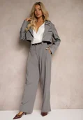 Spodnie damskie - Szare Szerokie Spodnie Garniturowe z Gumką w Talii Ozdobione Paskiem Verillias - miniaturka - grafika 1