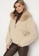 Bluzy damskie - Beżowa Rozpinana Bluza z Wiskozą Wełną i Futerkiem Tesalttia - miniaturka - grafika 1