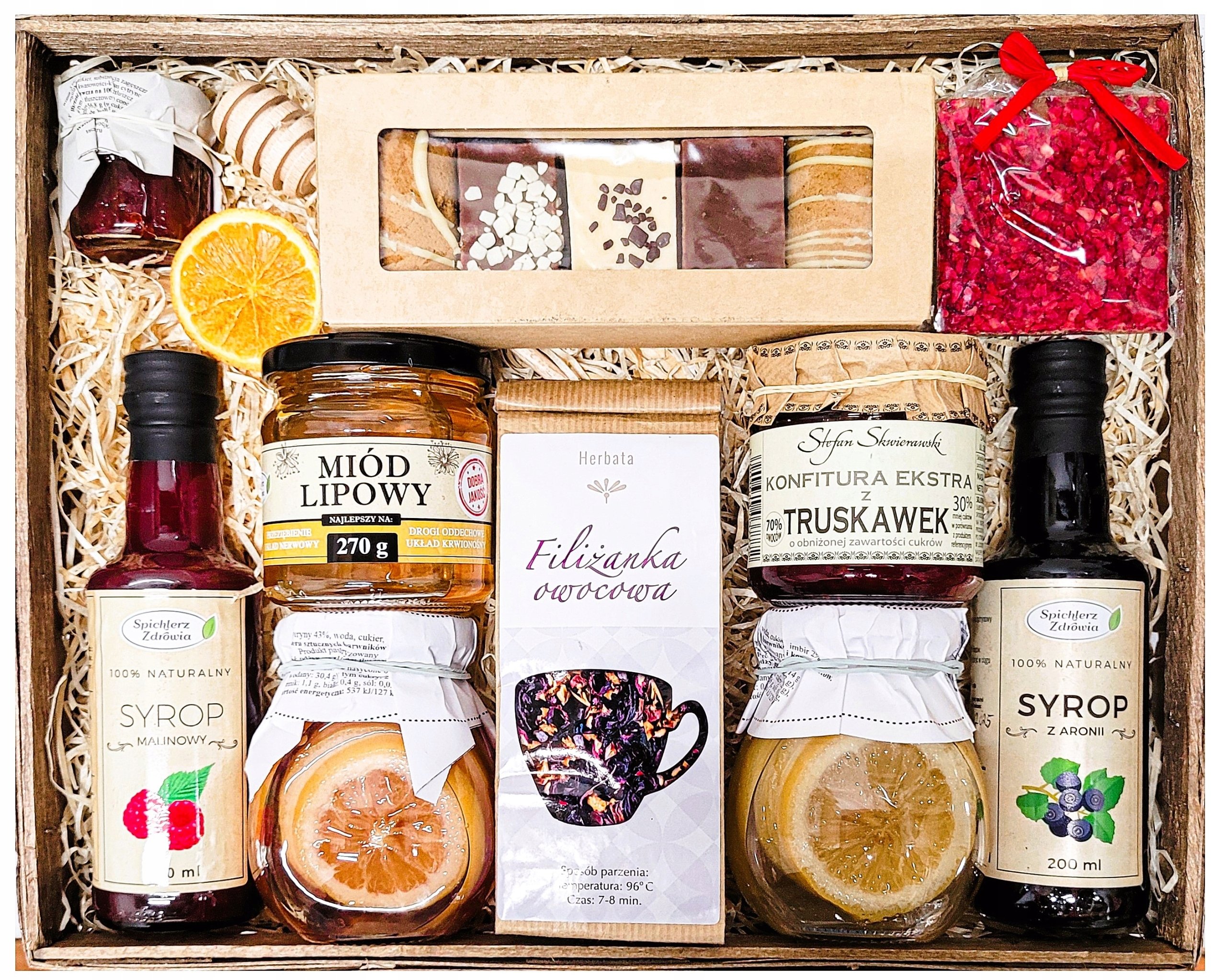 Duży Kosz Prezentowy Upominek Herbata Miód Czekolada Syrop Malina