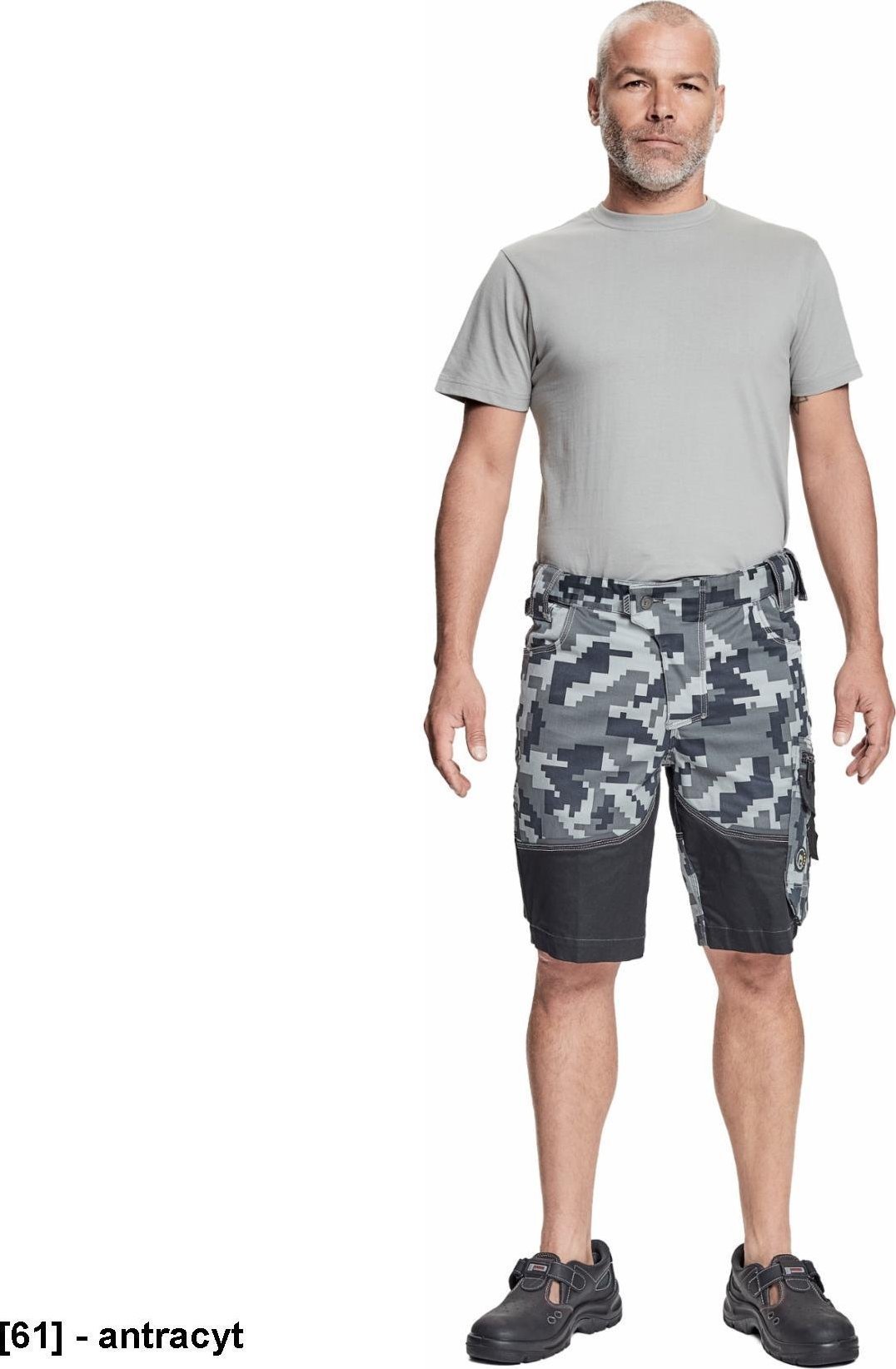 CERVA NEURUM CAMOUFLAGE szorty - męskie szorty robocze, 6 kieszeni, elastyczny materiał Trifibetex z nadrukiem moro, odblaski - antracyt 50