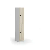 Szafki biurowe - Szafka ubraniowa ze schowkami, 2 schowki, 1850 x 300 x 500 mm, zamek z czytnikiem kart RFID, drzwi laminowane, dąb naturalny - miniaturka - grafika 1