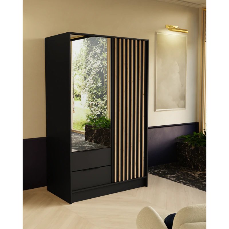 Szafa z drzwiami skrzydłowymi ORE, 2-drzwiowa szafa z 2 szufladami i lustrem, Nowoczesna szafa, Wymiary szafy: 102 x 200 x 51 cm