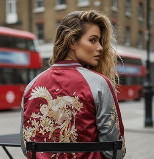 Kurtka Damska Bomberka Bejsbolówka Haft Żuraw Czerwony #H-795 L