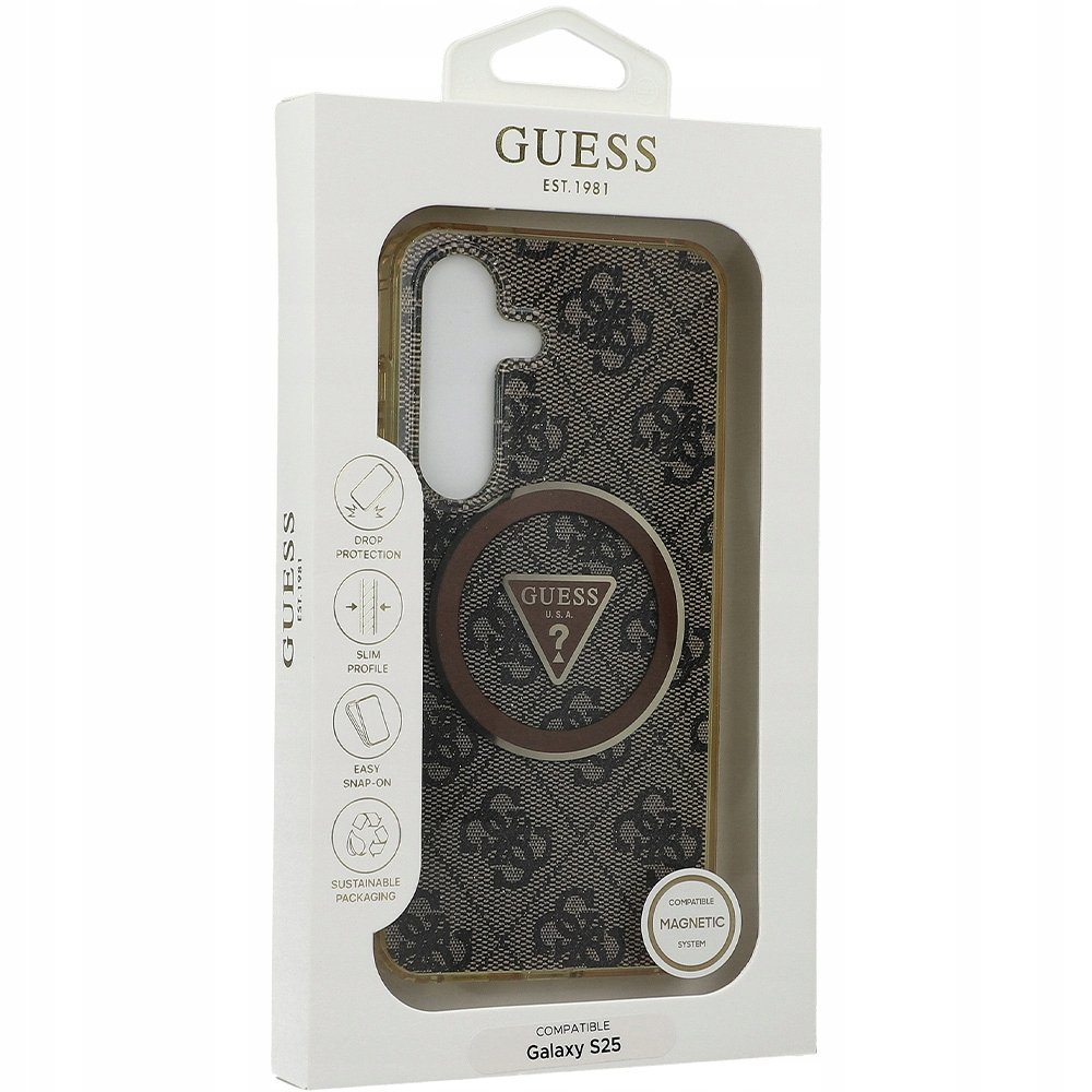 Guess Etui 4G Glitter Triangle Buttons MagSafe do Galaxy S25, brązowe