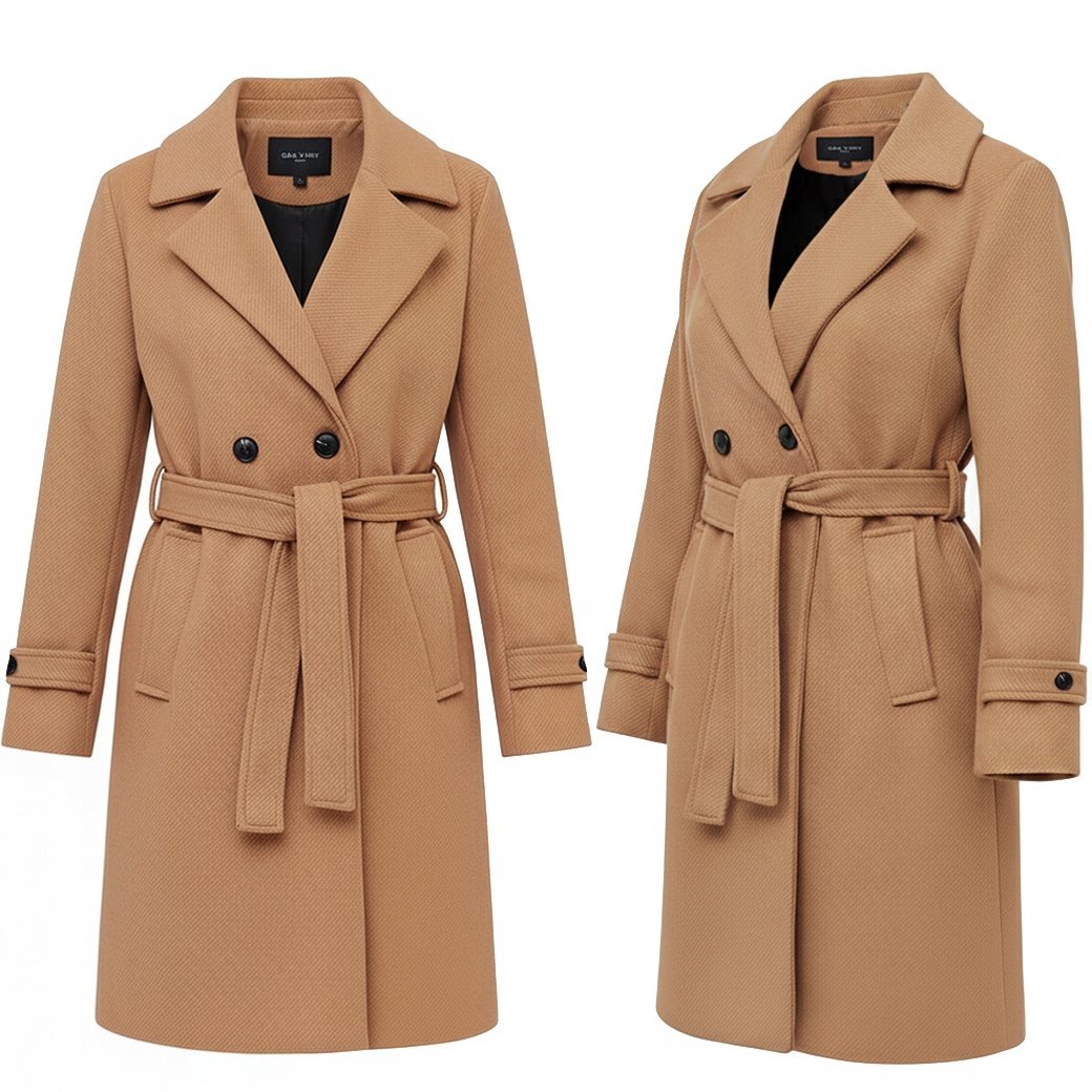 PRĄŻKOWANY PŁASZCZ Z PASKIEM PRZEJŚCIOWY WIOSENNY DAMSKI M CAMEL