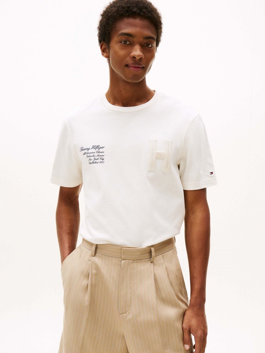 t-shirt uomo tommy hilfiger mw0mw39364 varsity z00 ivory petal