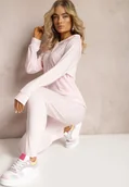 Komplety damskie - Jasnoróżowy Welurowy Komplet Dresowy Bluza z Kapturem i Spodnie Vilna - miniaturka - grafika 1