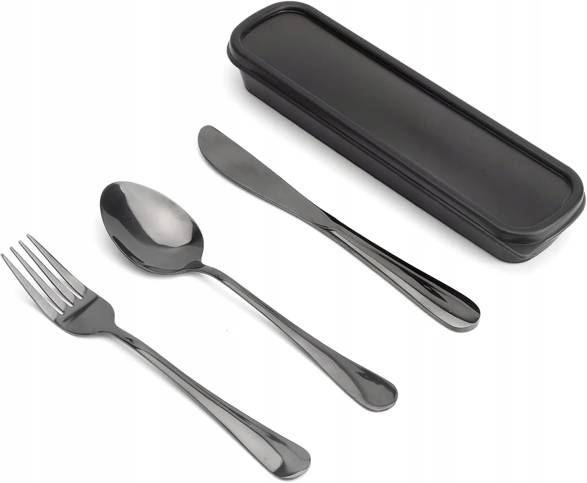 SZTUCIE 3SZT CZARNE PODROZNE KEMPINGOWE ETUI STAL ZMYWARKA TRWALE