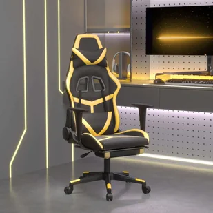 vidaXL Fotel gamingowy z podnóżkiem z czarnej i złotej sztucznej skóry - Fotel gamingowy - Krzesła gamingowe - Fotel biurowy - Krzesło - Fotele gamingowe - miniaturka - grafika 1