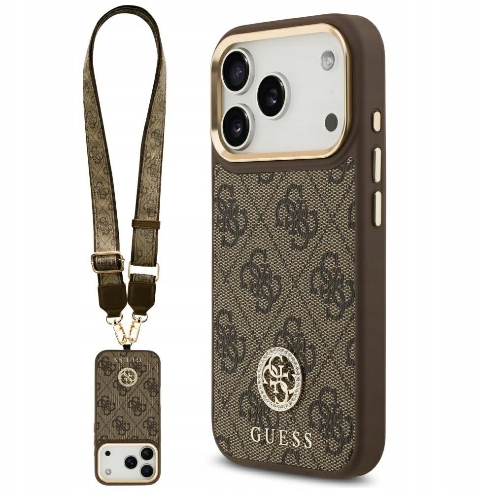 Etui Guess 4G Strass Logo & Big Strap Metal Buttons MagSafe do iPhone 17 Pro brązowy