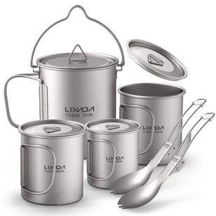 Lekki 6-częściowy zestaw Ti 750 ml dzbanek 450 ml i 350 ml i 200 ml kubek na wodę z pokrywką składany uchwyt składana kostka do biwakowania na świeżym powietrzu wędrówki z plecakiem - Dzbanki i imbryki - miniaturka - grafika 1