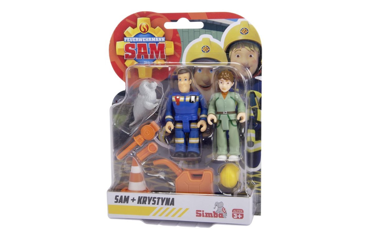 Figurki strażaka Sam, dwupak V, 4 rodzaje, z nowymi mundurami, każdy z 2 figurkami, 1 zwierzę i akcesoria, ruchome, 7,5 cm, od 3 lat