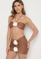 Stroje kąpielowe - Brązowe Bikini Góra z Paskami na Szyję i Kwiatami 3D z Dodatkową Spódniczką Renzi - miniaturka - grafika 1
