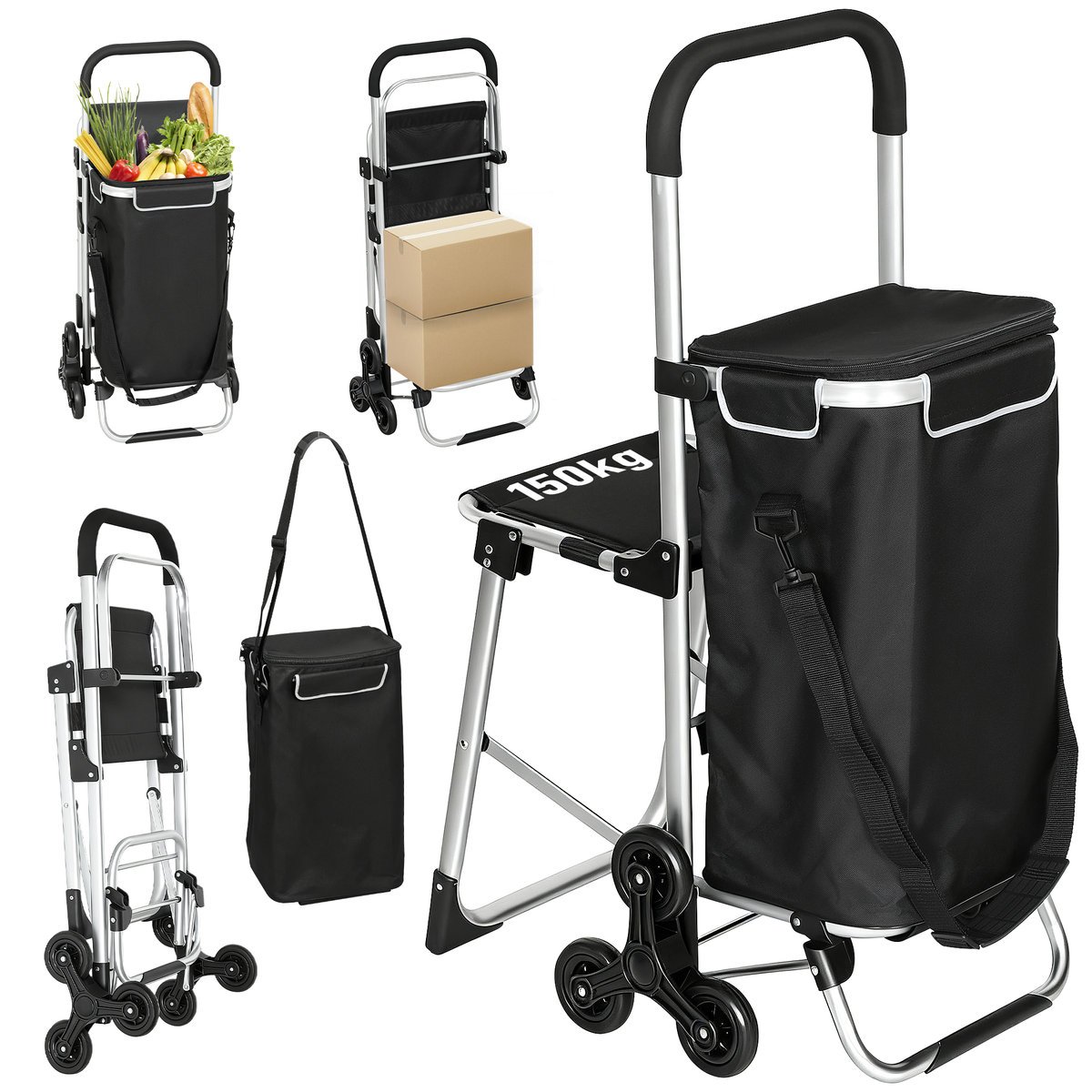 Wózek sklepowy HOMCOM 3 w 1 składany o pojemności 40 l, składane siedzisko, ładowność do 25 kg, wózek sklepowy, wózek ręczny, torba na ramię, wózek ..