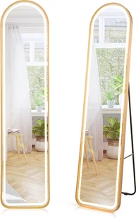 COSTWAY lustro 155 cm, okrągłe lustro stojące, lustro ścienne ze złotą aluminiową ramą i folią przeciwwybuchową, lustro wiszące na drzwiach do przedpokoju, sypialni, salonu - Lustra - miniaturka - grafika 1