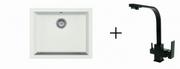 Zlewozmywaki z baterią - STELLMAN Zlewozmywak granitowy podwieszany HOLGER biały z baterią kuchenną FIL czarną - miniaturka - grafika 1