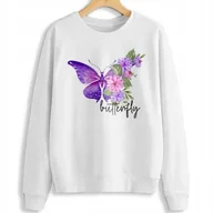 Bluzy damskie - Piękna Dresowa Bluza Damska Biała Motyle Wzory - S - miniaturka - grafika 1