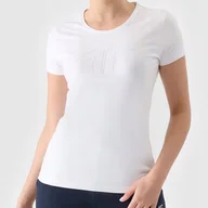 Koszulki i topy damskie - Koszulka Damska 4F Biały T-shirt Sportowy Slim Fit Bawełna Duże LOGO 4F S - miniaturka - grafika 1