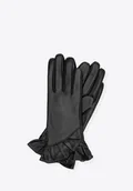 Rękawiczki - Damskie rękawiczki skórzane z dekoracyjną falbaną czarne - miniaturka - grafika 1