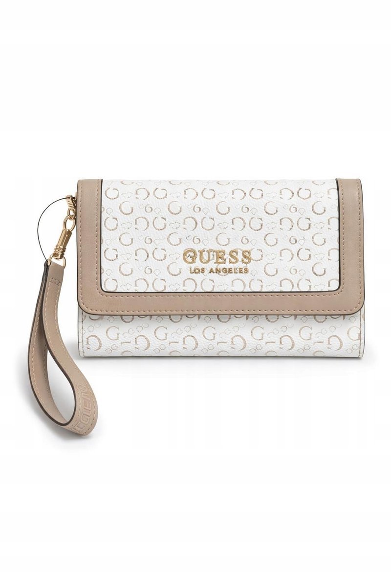 GUESS PORTFEL DAMSKI ŚREDNI LOGO BEŻOWE OZDOBNE OKUCIA 17x12x4 1GŁA