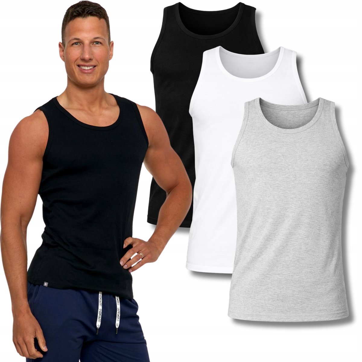 3X PODKOSZULKA KOSZULKA MĘSKA BAWEŁNIANA GŁADKA TANK TOP 3PAK MORAJ XXL BLACK ; WHITE ; GREY