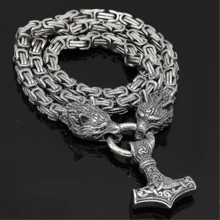Stal nierdzewna Viking Wolf Head Doubles Kolor Thor S Hammer Wisiorek Skórzany Łańcuch Męski Naszyjnik Biżuteria Stali 70cm - Naszyjniki męskie - miniaturka - grafika 1