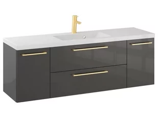 Szafka Wisząca Z Umywalką RON 140 cm D - Titan Wysoki Połysk - Uchwyty Złote Szczotkowane - Szafki łazienkowe - miniaturka - grafika 1