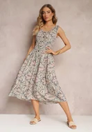 Sukienki - Miętowo-Różowa Kwiecista Sukienka Midi z Cienkimi Gumkami w Talii i Falbankami Jallia - Renee - miniaturka - grafika 1