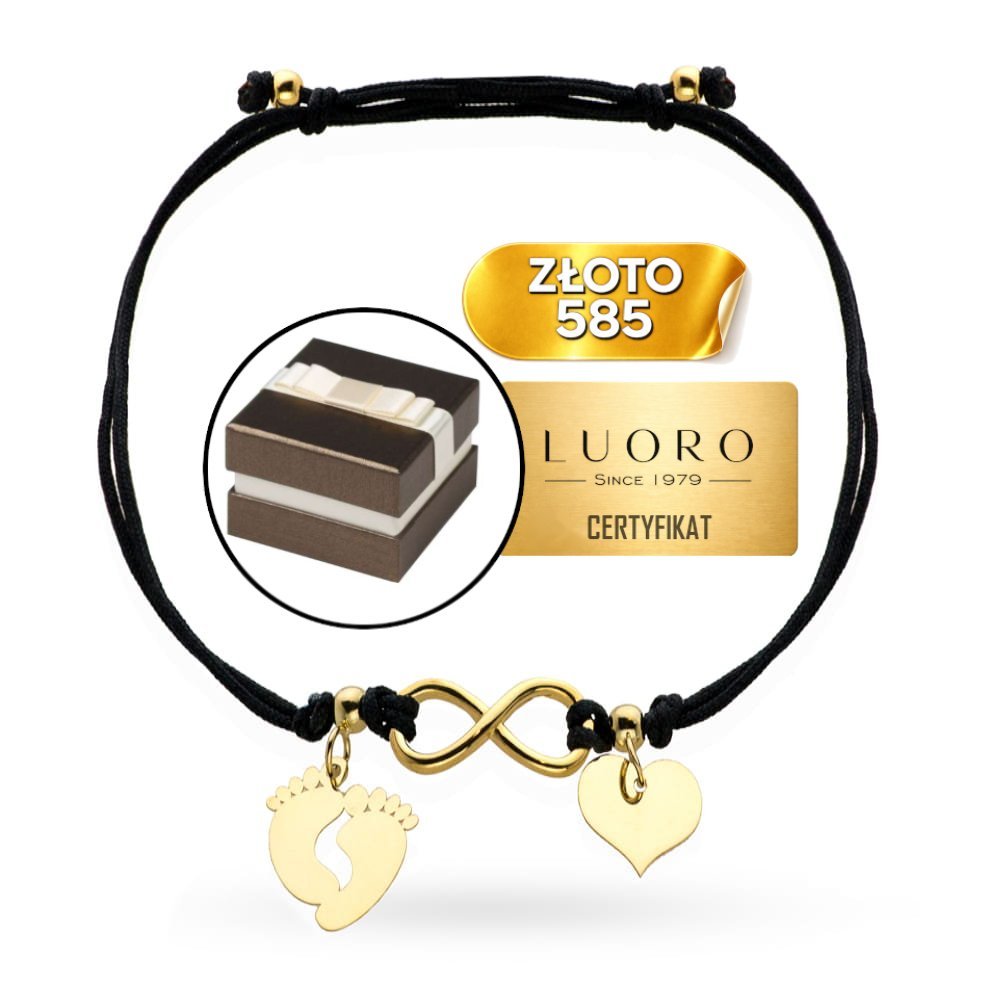 BRANSOLETKA ZŁOTA 585 14K STÓPKI SERCE NIESKOŃCZONOŚĆ NA SZNURKU 25 CM REGULOWANA
