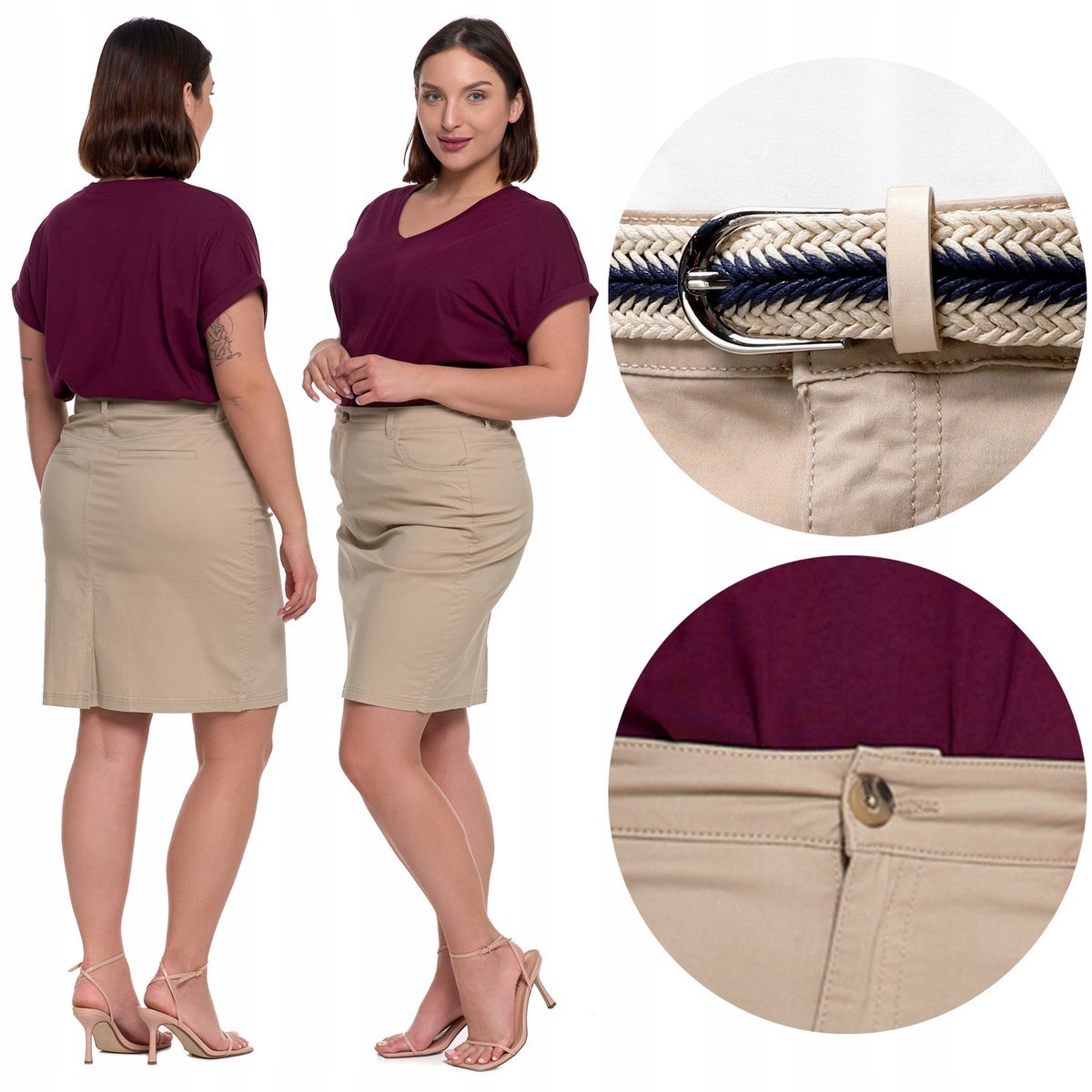 Beżowa SPÓDNICA DAMSKA z PASKIEM Dopasowana Modna Klasyczna MORAJ r. XXL