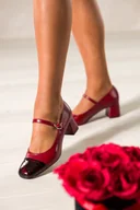 Czółenka - Bordowe czółenka skórzane damskie Mary Jane z paskiem na niskim klocku lakierowany nosek z wzorem PRODUKT POLSKI Casu 7153-036-722 - miniaturka - grafika 1