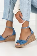 Sandały damskie - Niebieskie sandały skórzane espadryle damskie na koturnie z zakrytą piętą pasek wokół kostki kokarda PRODUKT POLSKI Casu 2651-338 - miniaturka - grafika 1