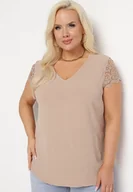 Bluzki damskie - Beżowa Bluzka z Krótkimi Rękawami z Delikatnej Koronki Verlina - miniaturka - grafika 1