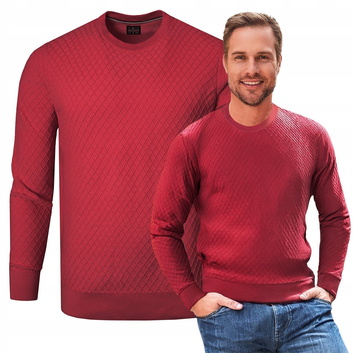 Elegancki SWETER Męski Klasyczny CZERWONY Bawełniany M Pako Jeans