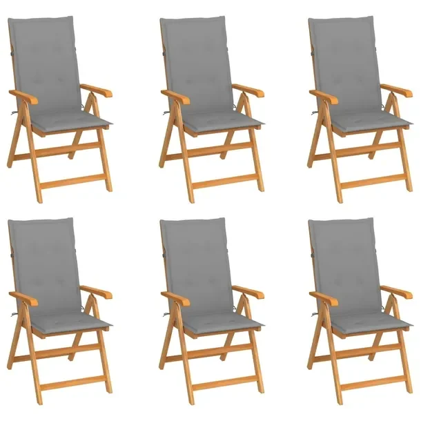 Drewniany zestaw 6 krzeseł ogrodowych z szarymi poduszkami, 57x71,5x100 cm