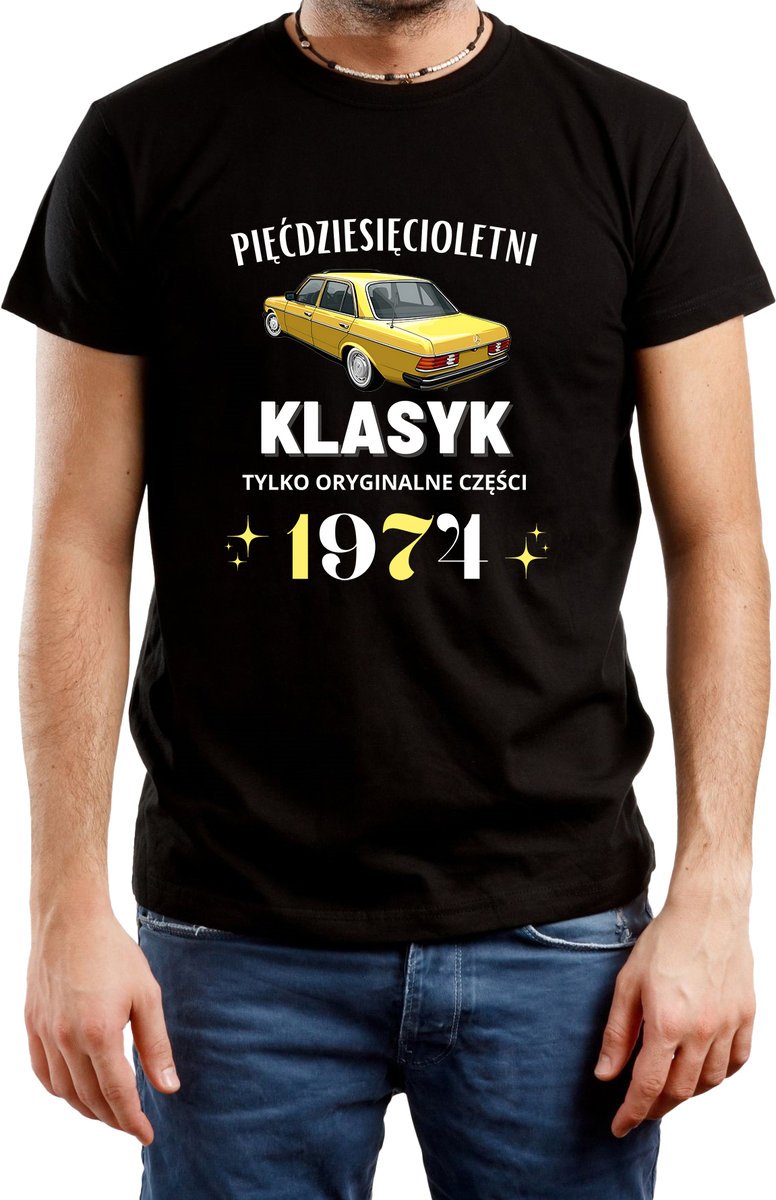 T-SHIRT MĘSKI NADRUK PREZENT NA 50 URODZINY KLASYK 1974 CZARNA R-L A77