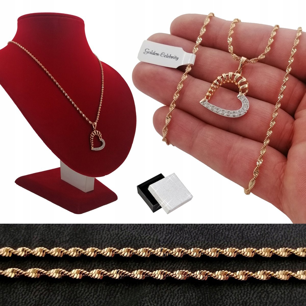 Złoty Singapur Skręcany + Serce Cyrkonie 60Cm 2Mm