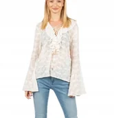 Bluzki damskie - Guess Biała Bluzka z Wiązaniem Falbanami i Długim Rękawem L Gxa - GUESS - miniaturka - grafika 1