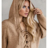 Swetry damskie - TEMU Sweter Damski w Kolorze Brązowym z Wiązaniami i Kapturem - Styl Vintage, Dekolt w Serek, Długie Rękawy, Ciepło na Jesień/Zimę, Casualowy - miniaturka - grafika 1