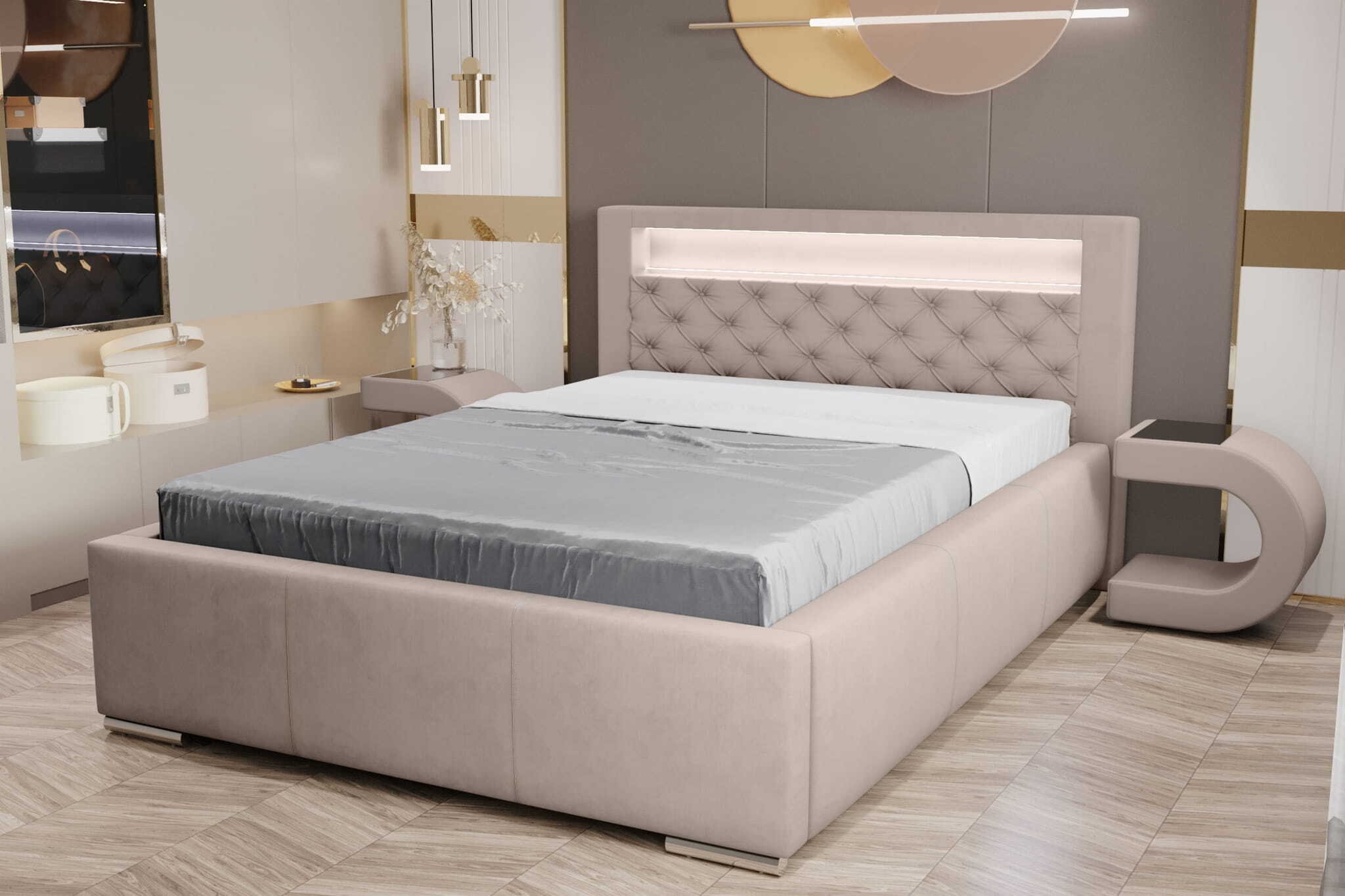 Łóżko tapicerowane AGMAT TUNIS z wezgłowiem, 200 x 200 cm, łóżko podwójne z podstawą łóżka i stelażem z metalowych listew, tkanina welurowa: beżowy