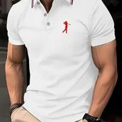 Inne - TEMU Koszula Męska z Krótkim Rękawem - Biała z Czerwonym Nadrukiem Golfa, Paski na Kołnierzyku i Manekach, Oddychająca, Letnia do Golfa i Codzienna, - miniaturka - grafika 1