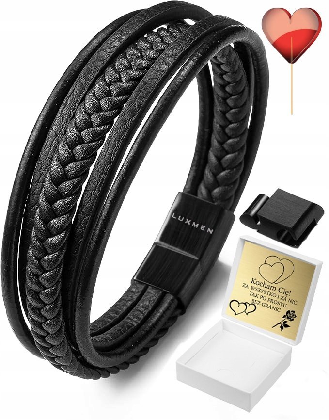 Bransoletka Męska Skórzana Czarna Skóra Pleciona Regulowana Z Grawerem Stal