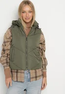 Kamizelki damskie - Ciemnozielona Klasyczna Kamizelka z Pikowanymi Przeszyciami i Kapturem Ollera - miniaturka - grafika 1